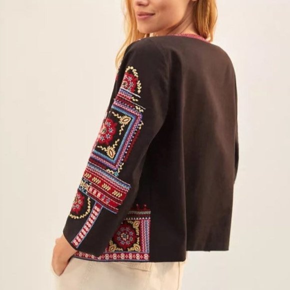 NTHR Women’s Open Front Embroidered Beaded Black Cotton Crop Jacket - Picture 2 of 12